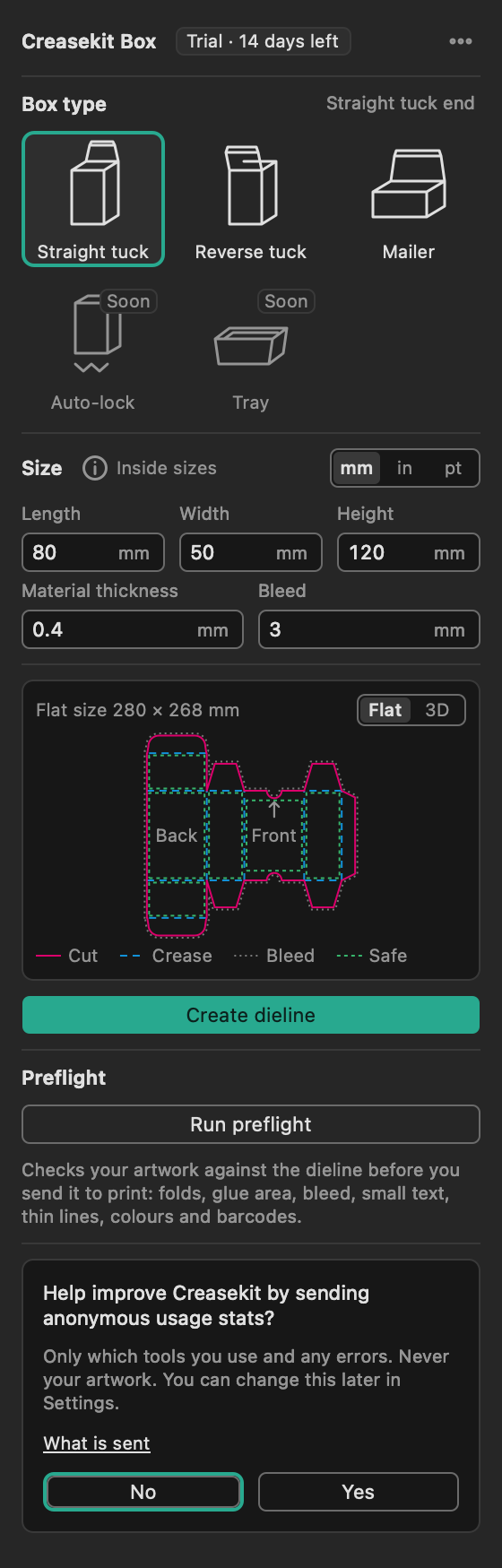 Creasekit Box panel in Illustrator's dark theme