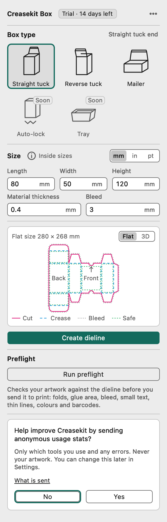 The Box panel before creating a dieline: box type tiles, sizes and preview