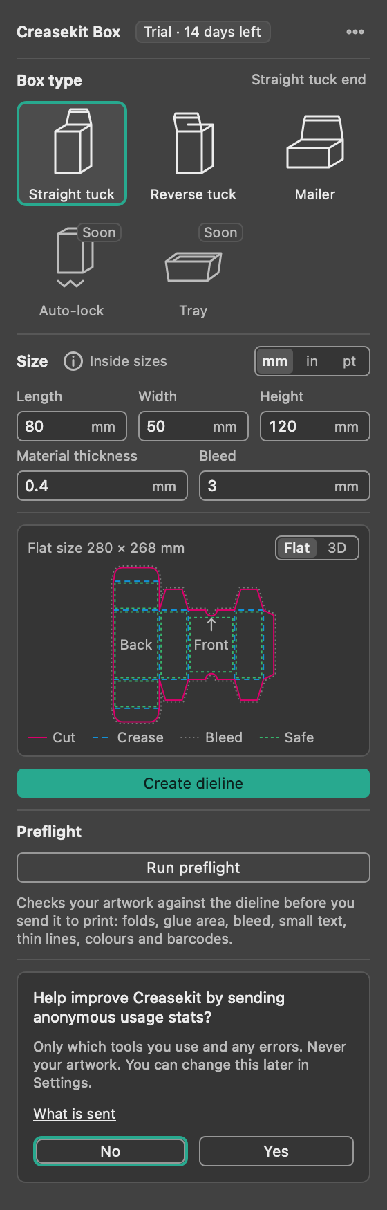 Creasekit Box panel in Illustrator's medium dark theme
