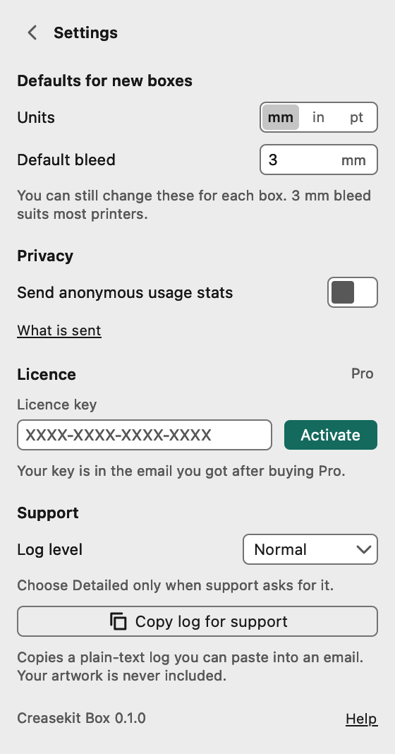 Settings: default units and bleed, usage stats, licence key, log level and Copy log for support